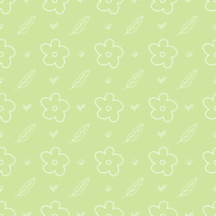 Abstract hand drawn floral pattern vector. Seamless cute flower pattern on a green background. Simple repeat textile pattern.