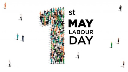 Happy labour day concept poster. Large group of people form to create number 1 as labor day is celebrated on 1st of may. 4K Video. - Powered by Adobe