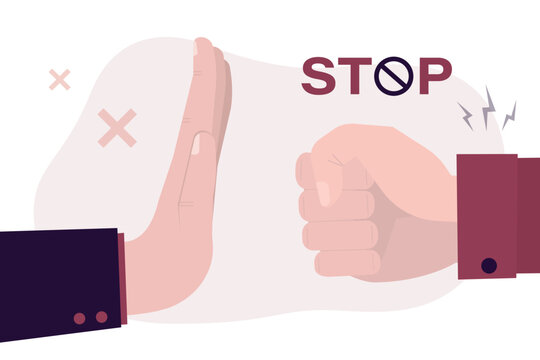 Stop domestic violence, concept banner. Violence in family. Man gestures with fist and stop with hand. Negative space. Protesting against violence and female abuse, bullying.