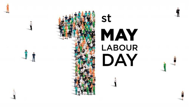 Happy labour day concept poster. Large group of people form to create number 1 as labor day is celebrated on 1st of may. 4K Video.