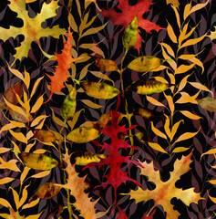 Seamless watercolor pattern with hand drawn bright yellow red and orange leaves in the background....