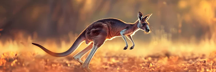 Fotobehang Leap of Freedom: Australian Kangaroo Caught Mid-Jump Against The Backdrop of The Rustic Outback © Mamie