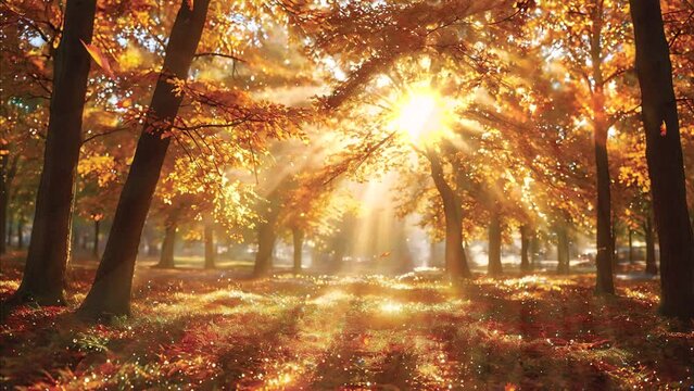 Immerse yourself in the natural splendor of an autumn forest under the warm glow of sunlight in this captivating 4k looping video background.