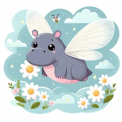 Foto op Plexiglas A hippo with wings fly.  Cute cartoon hippo character. Flat style © Elena
