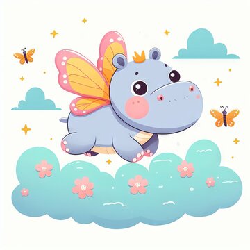 A hippo with wings fly.  Cute cartoon hippo character. Flat style