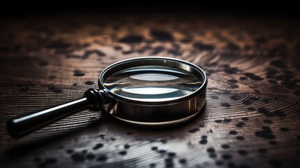 Magnifying glass on a wooden table, symbolizing search and investigation. - obrazy, fototapety, plakaty