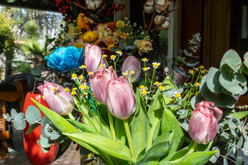 Colorful bouquet of tulips and various bunch of flower arrangement for wedding, celebration...