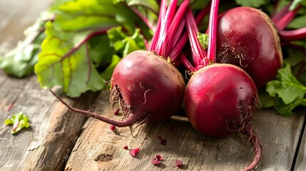 Close up of fresh Beets on a rustic wooden Table