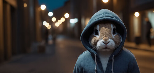 A bunny in a hoodie walking in the streets at night