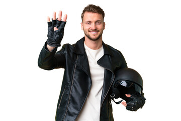 Young caucasian man with a motorcycle helmet over isolated chroma key background happy and counting four with fingers