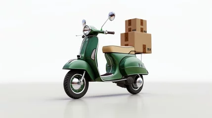 Schilderijen op glas Green vintage scooter with stacked cardboard boxes on white, concept of eco-friendly delivery © Iona