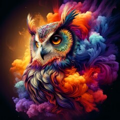 a highly stylized and vibrant image of an owl with intricate patterns on its feathers, exhibiting a mix of various colors