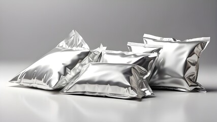 With foil and plastic bags, blank white, clear, and silver metallic colored pillow packets for food preparation, this realistic 3D modern mockup set - obrazy, fototapety, plakaty