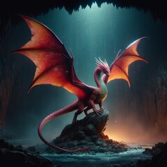 A scene straight out of a Dungeons & Dragons fantasy setting, featuring a majestic fire dragon with ruby scales and an inner green glow, perched atop - obrazy, fototapety, plakaty