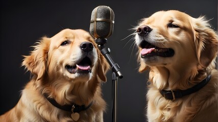 A golden retriever belting out a song into a mic - obrazy, fototapety, plakaty