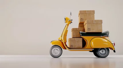 Foto auf Acrylglas Yellow vintage scooter with cardboard boxes, highlighting efficient delivery service © Iona