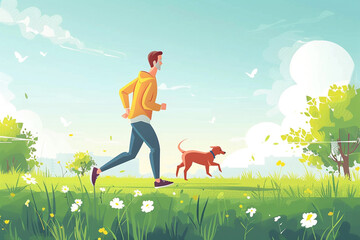 Man at the park, running with the dog. Conceptual representation of an active outdoor hobby. Flat-style illustration of spring.