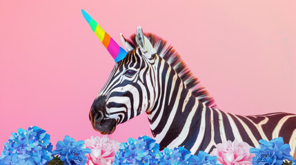minimalistic collage image of zebra with colorful stripes and rainbow unicorn horn, pink background, blue flowers around the bottom edge