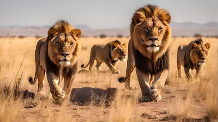 Foto op Canvas With a stunning male lion in the center, a pride of lions is hunting through the parched grassland in the direction of the camera. © Ashan