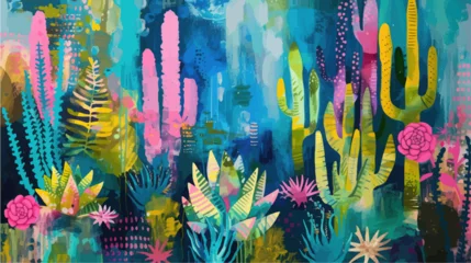 Fotobehang Abstract background with cactuses and flowers © Alice