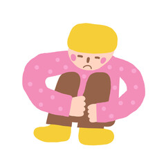 Kid icon. Cute hand drawn doodle isolated child. Sad boy sitting in depression background. School bullying problem