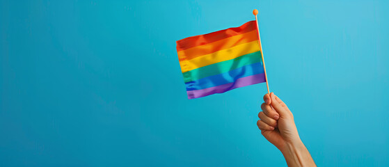 A hand holding rainbow flag isolated on blue background, pride month celebration