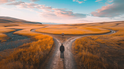 Man standing at crossroads and a question mark sign in front of him