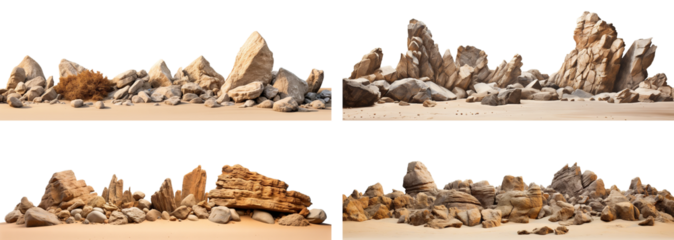 Set of varied rock formations arranged on smooth sand surface, cut out