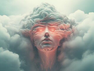 Surreal Dreamlike Visage Cradled in Ethereal Clouds - A Contemplative and Imaginative Digital Portrait - obrazy, fototapety, plakaty