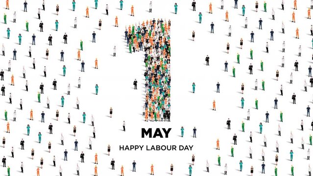 Happy labour day concept poster. Large group of people form to create number 1 as labor day is celebrated on 1st of may. 4K Video.