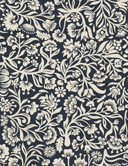 Hand drawn seamless pattern with beautiful flowers, berries and leaves. Vector illustration, retro style.