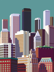 Cityscape overlooking high-rise corporate buildings in the commercial and financial center and luxury condominiums in the city center. Handmade drawing vector illustration. Pop art style poster.