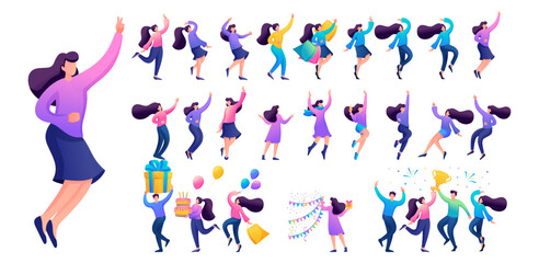 Set of a fun teen girl. Presentation in various in various poses and actions. 2D Flat character vector illustration N11