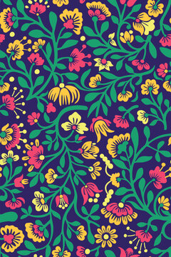 Colorful hand drawn seamless pattern with beautiful flowers, berries and leaves. Vector illustration, naive paisley retro style.