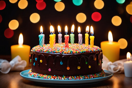 Birthday cake decorated with colorful sprinkles and candles