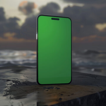 A mockup featuring an iPhone with a green screen set against a serene sea background.