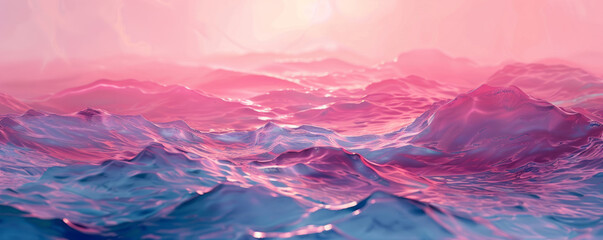A 3d background depicts an ocean at sunset, with whimsical topography, dark pink and light blue colors, layered elements with subtle irony, and futuristic chromatic waves.