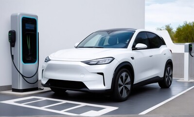 White electric car, car on charging