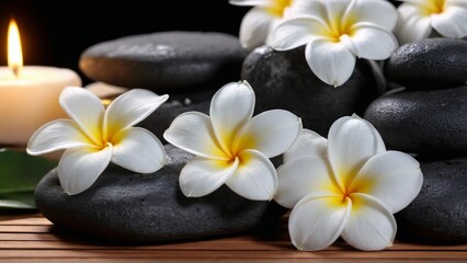 Fototapeta na wymiar White lilies on stones, candles, spa
