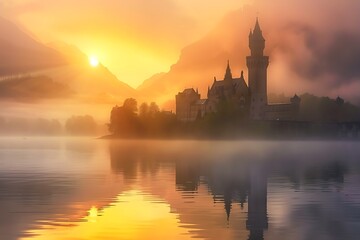Fototapeta na wymiar : Majestic castle in mist, overlooking tranquil lake, vibrant sunset.