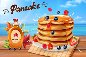 Pancakes displayed on a wooden stand on a seaside background with syrup bottles.