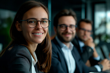 Portrait of a positive businesswoman with collegues at business meeting in a modern office