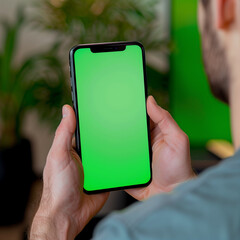 Mockup showcasing an iPhone with a green screen, set against a background of a modern kitchen.