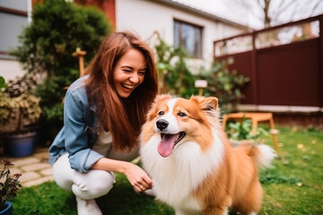 Happy woman playing and having fun with dog outside her house