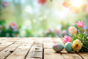 Easter eggs and spring flowers lie on an old wooden table against the background of Easter times - Powered by Adobe