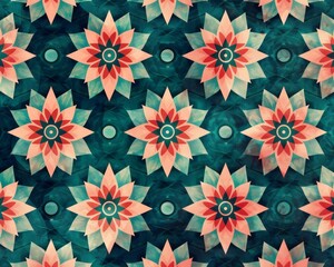 Fototapeta premium A floral geometric pattern on a blue background, in light pink and dark emerald colors.