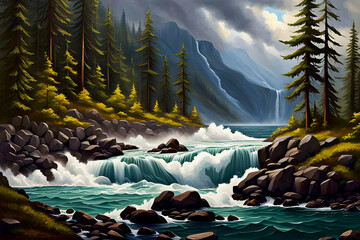 beautiful painted landscape - raging rapids, river in the forest, mountains in the background
