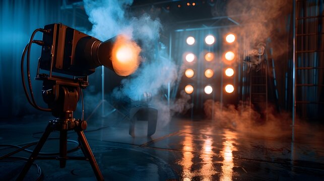 Cinematography Video Photography Set with Dark Smoke and Spotlights for Film Production