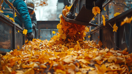 Utility workers use an industrial vacuum cleaner to remove the yellow leaves of fall. Debris and fallen leaves are loaded into a truck hopper by a large industrial vacuum loader.