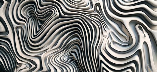 A zebra pattern with many curls and waves, with a distorted reality theme, an emphasis on linear perspective, interactive artwork, and bold lines.